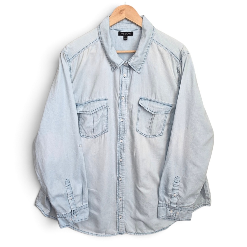 Lane Bryant Womens 22/24 Denim Shirt Light Wash Chambray Button Down Flap Pocket